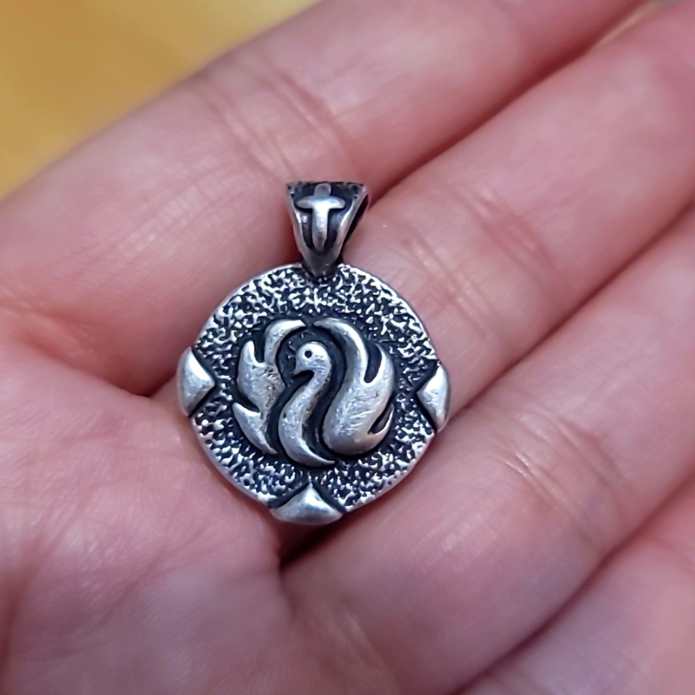 Sterling Silver Crescent Moon Star Swan Reversible Pendant